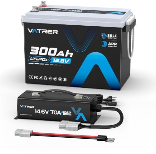 VATRER POWER Batteria LiFePO4 12V 300Ah con caricabatterie 14,6V 70A | Perfetto per camper, furgoni, marina