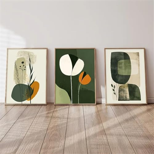 3er Set Premium Poster, Abstrakt Moderne Kunst Grün Botanische Illustration Bilder Kunstposter, Wandbilder Deko Für Wohnzimmer Schlafzimmer, Ohne Rahmen (30x40cm)