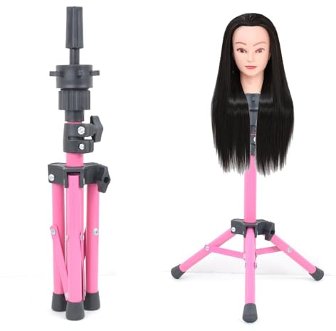 SK-QACD Wig Stand, Training Head Stands Tripod, Sturdy Metal Hairdressing Doll Mannequin Heads Stand, Canvas Foam Manikin Heads for Wigs, Training and Hairdressing（pink）