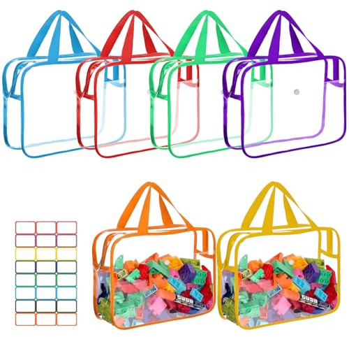 Zipper Toy Storage Bags with Handles, 6 Pack Reusable 9.1 x 6.7 x 3.9 inches Clear PVC Waterproof Organizing Travel Toiletry Bags for Toys, Puzzles, Building Blocks (6 colors) (A)
