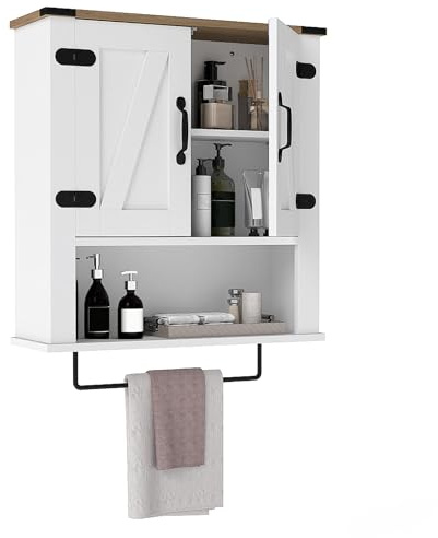 LIFEZEAL Mobiletto Bagno Salvaspazio da Parete, Bianco, Pensile Bagno Sospeso con Barra Portasciugamani, 2 Ante con Ripiano Regolabile, Armadietto, Armadio, Mobile, per Cucina, in Legno, 60x20x72,5cm