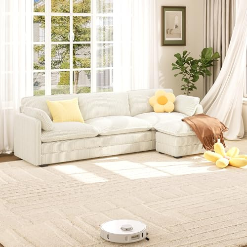 Xbro Sofá Modular en Forma de L, Sofá Nube para Sala 3 Plazas, Sofás Convertibles con Taburete Otomano, Tela de Pana, 243 x 141 x 85cm, Beige