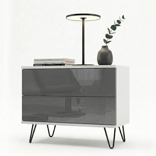 InnoFurn Nachtschrank Aura, Moderner Nachttisch mit Push-to-Open, Made in Germany, optional hängend Beistelltisch, Schlafzimmer, Weiß matt/Grau Hochglanz (60 x 43 x 35 cm)