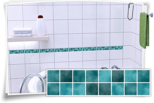 Medianlux Fliesenaufkleber Fliesenbordüre Bordüre Mosaik Türkis Kachel Aufkleber FB1, 20 Stück, 15x3,9cm (BxH)