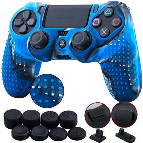 9CDeer 1 Pieza de Siliconas Tachonado Protector Manga Caso Cubierta Piel Cover Skin +8 Puños de Pulgar Tapas Analógicas Thumb Grip +2 a Prueba de Polvo Tapones para Mando PS4/Slim/Pro, Camuflaje Azul