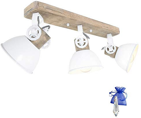 Christoph Palme Leuchten Industrielle Vintage-Deckenleuchte Weiß, 3x E27 Spots, 60 cm Länge – Modell 2133W + Gratis Kristall 38mm