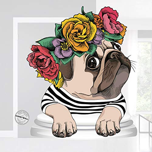 Sunnywall Wandtattoo Aufkleber Mops WC Aufkleber mit Blumenkranz Badaufkleber Türaufkleber