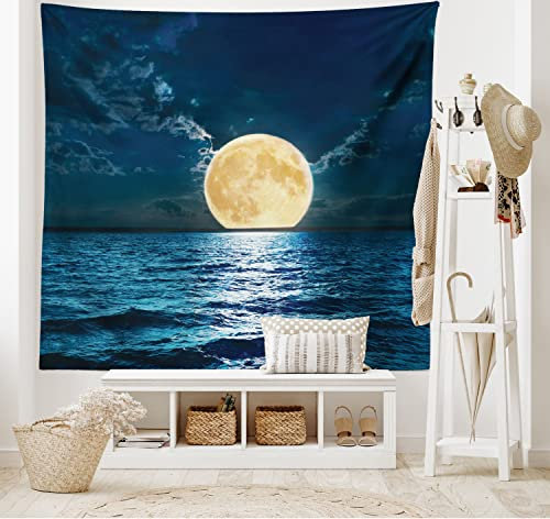 ABAKUHAUS Ozean Wandteppich und Tagesdecke, Magie Super-Mond-Entwurf aus Weiches Mikrofaser Stoff Waschbar ohne Verblassen Digitaldruck, 230 x 140 cm, Gelb