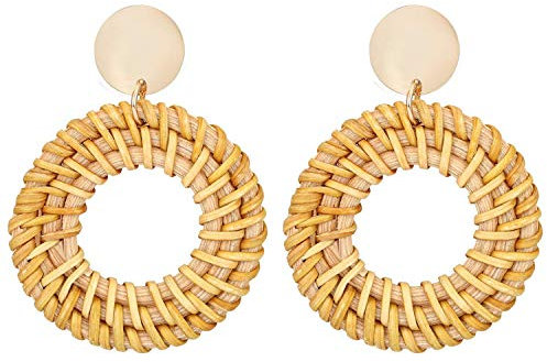 JewelryWe Boho Rattan Ohrringe Damen: Retro Bohemian Weiden Handgemacht Geflochten Große Ring Kreis Statement Hängende Ohrringe Leichte Ohrhänger Ohrschmuck Geschenk für Frau Mädchen Kaffeebraun