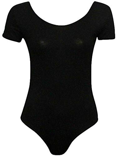 FAIRY TRENDZ LTD Ladies Stretch Bodysuit Top Womens Cap Sleeve Plain Round Neck Stretch Fitted Leotard(Black UK 8-10)