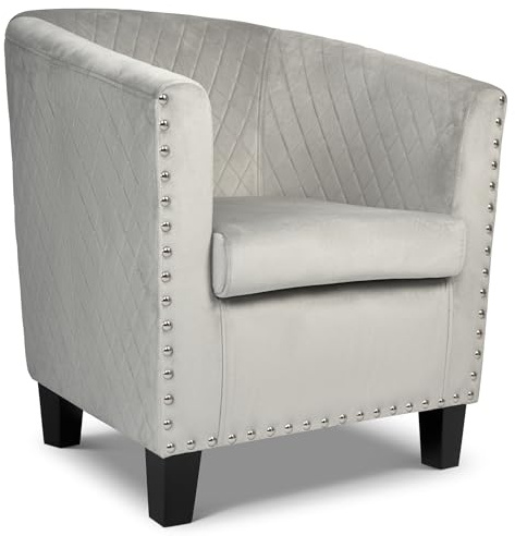 Bravich Velvet Tub Chair, Light Grey Accent Armchair for Bedroom Living Room Dressing Table, Padded Vanity Chair with Tufted Back, Tapered Wooden Legs, Compact Single Occasional Chair