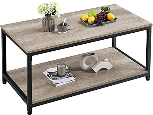 Yaheetech Industrial Coffee Table for Living Room, Large Side Table with Metal Leg and Storage Shelf, Grey, 100x50x45cm
