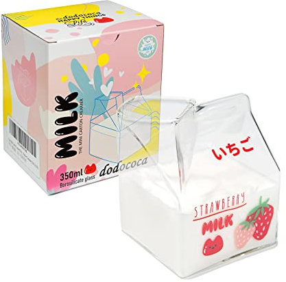 Taza de cartón de leche de vidrio Kawaii linda taza de leche de fresa mini jarra de crema recipiente microondas 12 oz, 1 unidad