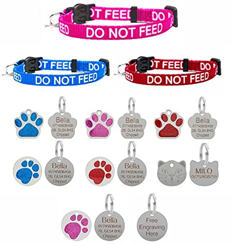 LARRYROO Collier pour chat « Do Not Feed » en rose, rouge ou bleu - Déclenchement de sécurité et plaque d'identification gravée en option (rose, rond à paillettes)