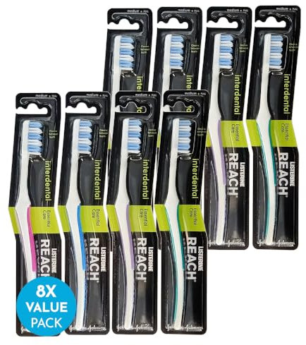 REACH Essential Care Interdental Medio Spazzolino, Confezione Singolo x 8, Testa piena Hard Setole Spazzolini manuali, Varietà di colori Multipack, Quotidiano Orale Smalto Cure odontoiatriche