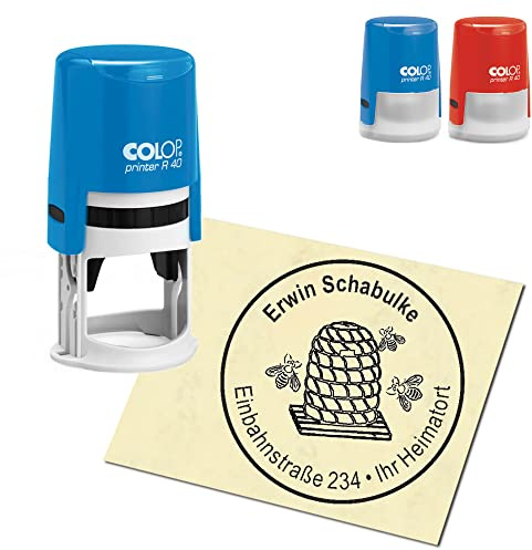 Stempel Adressstempel personalisiert - Bienenstock mit Bienen - rund ∅ 40mm Automatikstempel als Firmenstempel Namensstempel Bürostempel