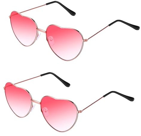 QincLing 2 Paare Hippie Gläser, Sonnenbrille Retro Vintage Brille Herz Sonnenbrille Rot Kostüm Brille Hippie Sonnenbrille Herz für Herren Damen Brille, Rose Gold Rahmen