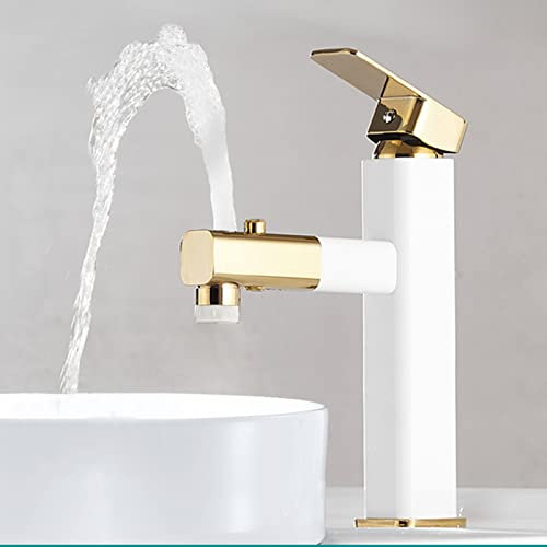 Robinet Mitigeur Lavabo avec Douchette Extractible Robinet Salle de Bain en Laiton 3 Modes Robinetterie Vasque à Poser pour Salle Bain Lavabo Blanc+Or,Haute