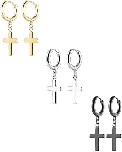 VU100 Creolen Ohrringe Kreuz Anhänger, 6 Stück Set Edelstahl Ohrstecker für Herren Damen Ohrhänger Schmuck - Silber, Schwarz, Gold
