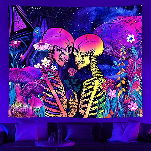 Ricemru Pilze Wandteppich Skelett Kiss Flower 230x150 Psychedelic Schwarzlicht Wandbehang Wandtücher Küssende Liebhaber Totenkopf UV Reaktiv Tapestry Wanddeko Homedeko