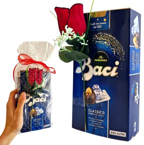 Baci Perugina Bijou Regalo San Valentino e Festa della Donna 2025 - 200gr Cioccolatini Perugina + Rosa Rossa Artificiale (CLASSICO FONDENTE LUISA)