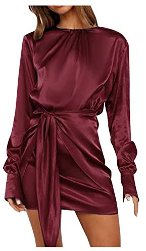 Vasreyy Sweatkleid Damen Brautjungfernkleider One Shoulder Kleid Einfarbig Rundhals Satin Kurz Kleid mit Gürtel Hohe Taille Langarm Minikleid Vintage Cocktailkleid (Wein,XL)