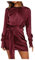Vasreyy Sweatkleid Damen Brautjungfernkleider One Shoulder Kleid Einfarbig Rundhals Satin Kurz Kleid mit Gürtel Hohe Taille Langarm Minikleid Vintage Cocktailkleid (Wein,XL)