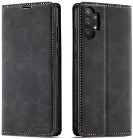 QLTYPRI Hülle für Samsung Galaxy A32 5G, Premium Dünne Ledertasche Handyhülle mit Kartenfach Ständer Flip Schutzhülle Kompatibel mit Samsung Galaxy A32 - Schwarz