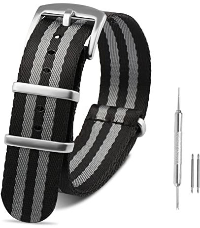 RoYiio Nato Uhrenarmbänder für Anstoßbreite 22mm, Edelstahlschnalle, Bequem Atmungsaktiv, Premium Ballistic Nylonband für Damen und Herren - Schwarz Grau