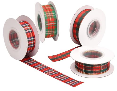 MFUOE Lot de 4 rouleaux de ruban à carreaux écossais de Noël - Rouge et vert - Pour Noël, bricolage, artisanat, cadeau, emballage, nœuds pour cheveux, décoration