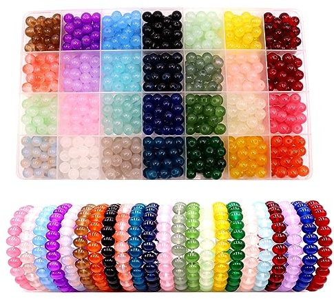Abalorios para Hacer Pulseras 8mm Cuentas de Vidrio de 28 Colores Cuentas de Abalorios Cristal para Pulseras Bolitas Pulsera Kit de Pulseras Bolas para DIY Pulseras Collares Bisutería Adulto Niñas