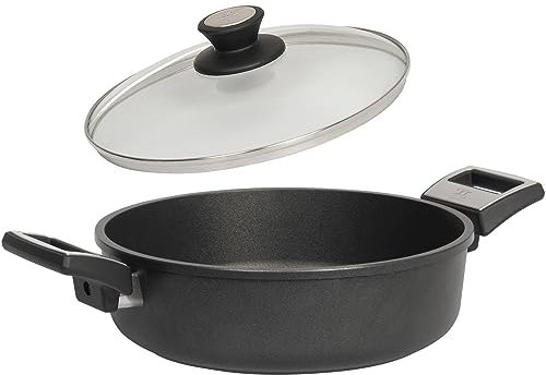 SKK großer 2-tlg. Bratentopf Ø 32 cm - ohne Induktion - hohe Aluguss Antihaft Schmor-Kasserolle & Glasdeckel mit Edelstahlrand - Made in Germany