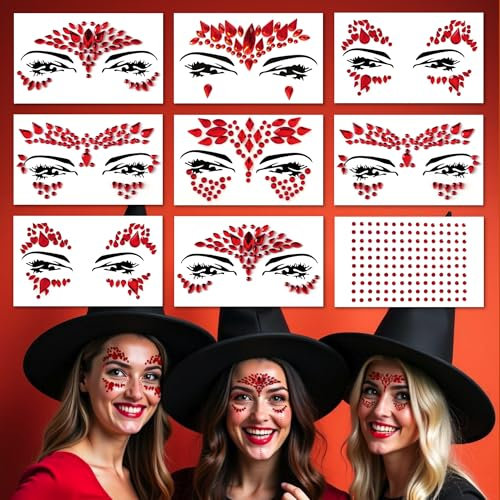 Face Gems Adhesive Glitter Jewel Tattoo Sticker Festival Gems Rave Party Body Make Up (9 PCS RED-C)