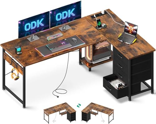 ODK Eckschreibtisch mit 4 Schubladen, 155×110 cm Schreibtisch L Form mit Steckdose und USB-Ladeanschluss, Reversibler Schreibtisch mit Stauraum für Büro Arbeitszimmer Schlafzimmer, Vintage-Braun