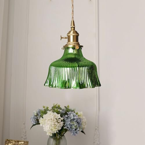zhxinashu Lamparas Techo Colgantes de Vidrio Verde, Lámpara de Techo Industrial Vintage Forma de Flor Edison E27 Latón,Lampara Colgante Isla Cocina, Lampara Techo Vintage para Salon Dormitorio