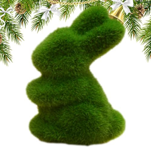 TRISTO Grünes Mooskaninchen, beflocktes Kaninchen - Kaninchenfiguren Sammlerstücke | Künstliche beflockte Kaninchenstatue für den Garten, pelziger beflockter Osterhase, grüne Farbe für Tischgarten
