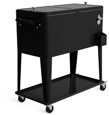 TANGZON 75/76L Rolling Cooler Cart, Stainless Steel Ice Chest with Lockable Wheels, Handles, Bottle Opener & Bottle Cap Catcher, Outdoor 48/72H Insulation Beverage Cooler Trolley (Black, 91x48x87cm)