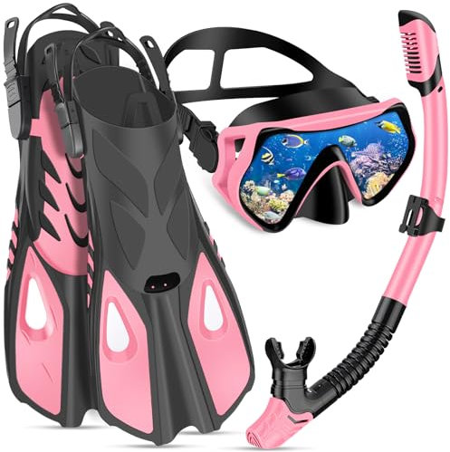 IEEILULU Schnorchelset Erwachsene mit Flossen, Schnorchelmaske Set mit Antibeschlag Taucherbrille,180° Panorama Glaslinse, Verstellbaren Flossen & Tragetasche für Schnorcheln Tauchen (Pink-L/XL)