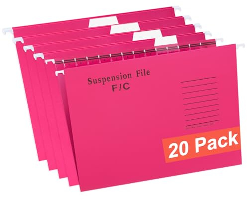 GUOKOFF Foolscap Hängemappen, 20 Stück Hängehefter DIN FC, Hängeregister Mappen mit Reitern und Karteneinsätzen, Hängemappen FC, Hängeregistraturen für Büro, Schule (Rosa)