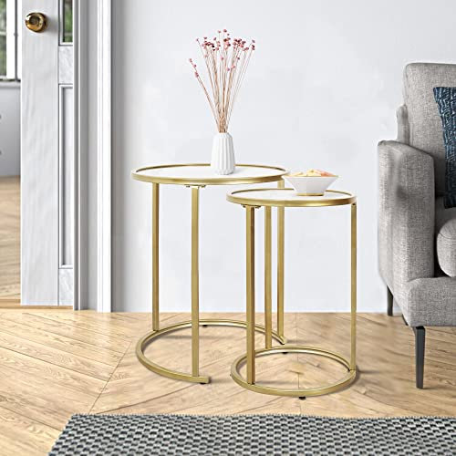 RiteSune Gold Beistelltisch-Set Rund, 2 Moderne Sofatische mit Metallbeinen, Glas Runden Couchtischen, Beistelltische fürs Wohnzimmer, Beistelltisch Outdoor, Side Table (49,5 x 59 cm & 37,5 x 54 cm)