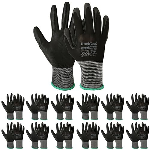 Ruvigrab – Pack de 12 gants de travail en nitrile - gants anti-graisse et huile - gants de jardinage - gants de travail pour le bâtiment ou l'agriculture - gants de travail pour hommes et femmes