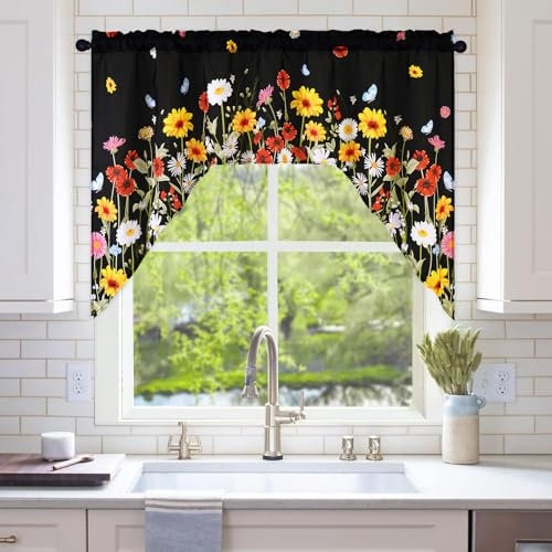 ASPMIZ Frühlingsblumen-Küchenvorhänge, Volant für Fenster, Blumengirlande für Küche, Stangentasche, Vorhang, Volant für Café/Schlafzimmer/Wohnzimmer, 154 cm B x 91,4 cm L, 1 Paneel schwarz
