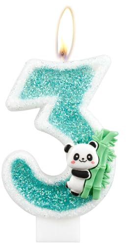 Panda Number Candle, Green Panda Bamboo 3rd Birthday Cake Decoration, Animals Theme Party Supplies for Boys Girls Kids