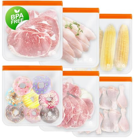 Reusable Freezer Bags, Extra-thick Leakproof Gallon Vegetable Snack Sandwich Bag, BPA Free Silicone Bags for Food Storage,Travel, Home Organization(6 Pack - 6 Extra Large)
