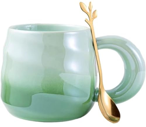 FülleMore Farbverlauf Porzellan Kaffeebecher mit Löffel 380ml große Kaffeetasse mit Henkel spiralenförmige Frühstückstasse Süße Bürotasse Milchbecher Geschenk für Mädchen Frau Oma (Grün)