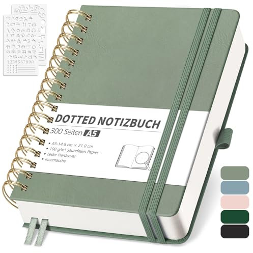 RETTACY Notizbuch A5 Dotted, Bullet Dot Journal mit 100 g/m² Dickem Papier, 150 Blatt, Notebook für Büro und Schule, Lederhülle, Hellgrün, 14.8 cm x 21 cm