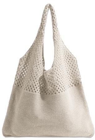 TYXHXTF Strandtasche Damen, Häkeltasche für den Sommer, Umhängetasche Stricktasche, Gehäkelte Mesh Strand Tote Bag für Reisen Einkaufen und Alltag (Beige)