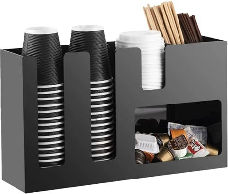 6 Compartment Coffee Condiment and Cup Storage Organizer, Paper Cup and Lid Holder with Straw Organizer, Disposable Coffee Cup Dispenser for Countertop Coffee Station Bar Accessories Breakroom, Black