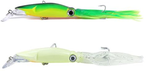 EIHI Esche da Pesca, 2 Pezzi Esca Artificiale Calamaro (1 Luminoso), Traina Mare, Bionica per Acqua Salata e Dolce, 14CM, 40g