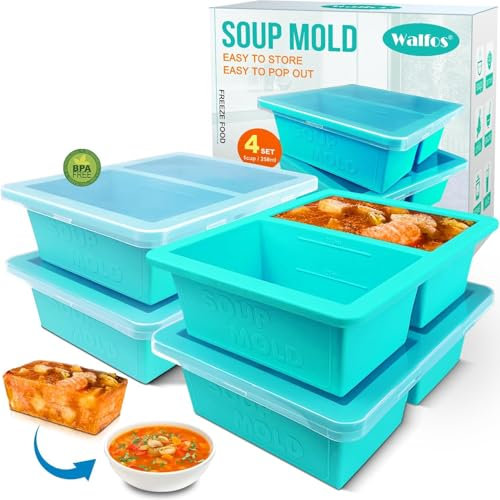 Walfos 1-Cup Silicone Freezer Molds with Lid, 4 Packs Soup Freezer Ice Cube Tray for Food, Silicone Food Freezing Container for Storing and Freezing Soup, Broth, Sauce and Ice